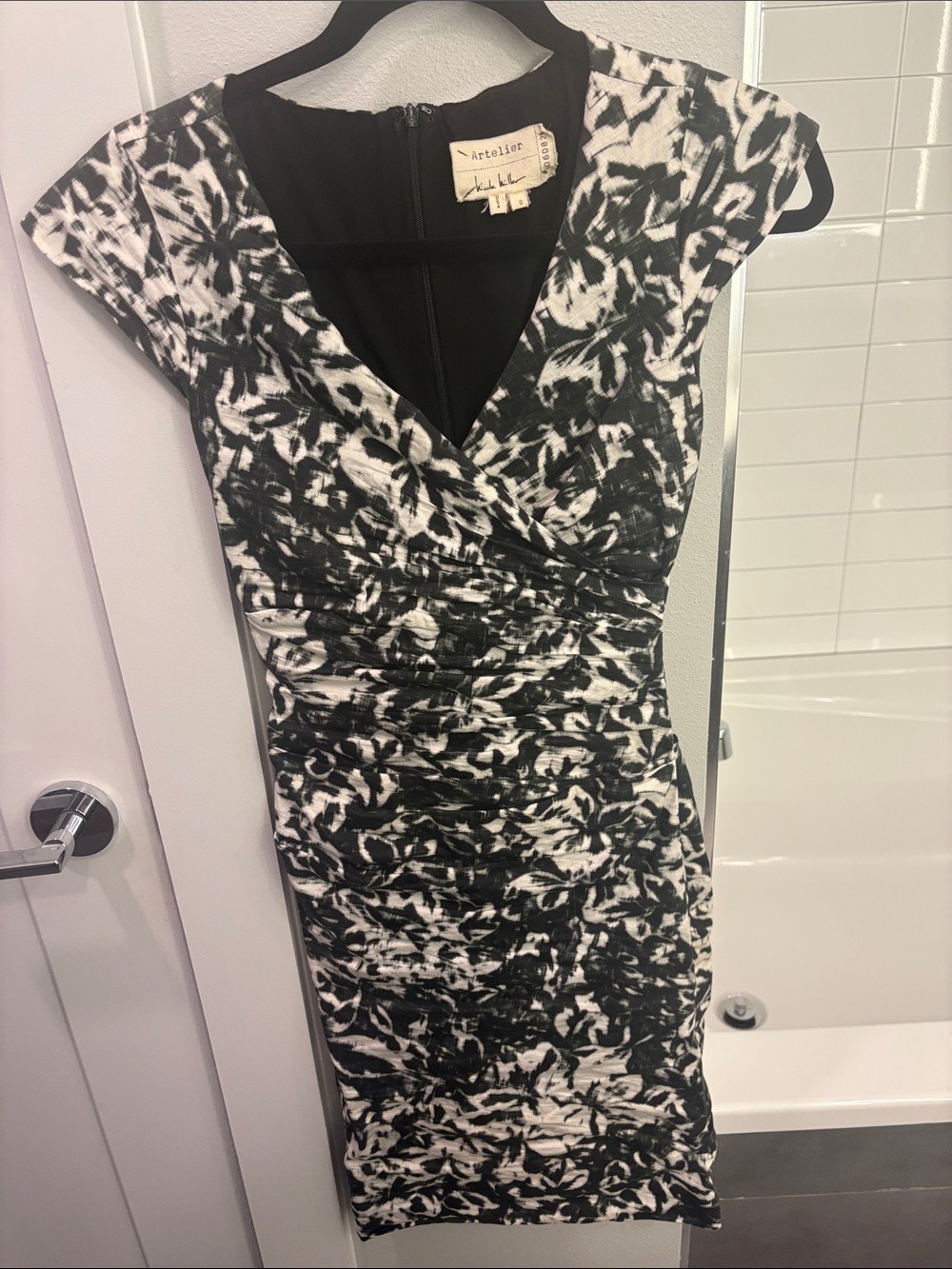 Atelier by Nicole Miller Black and White Floral-Print Midi Dress